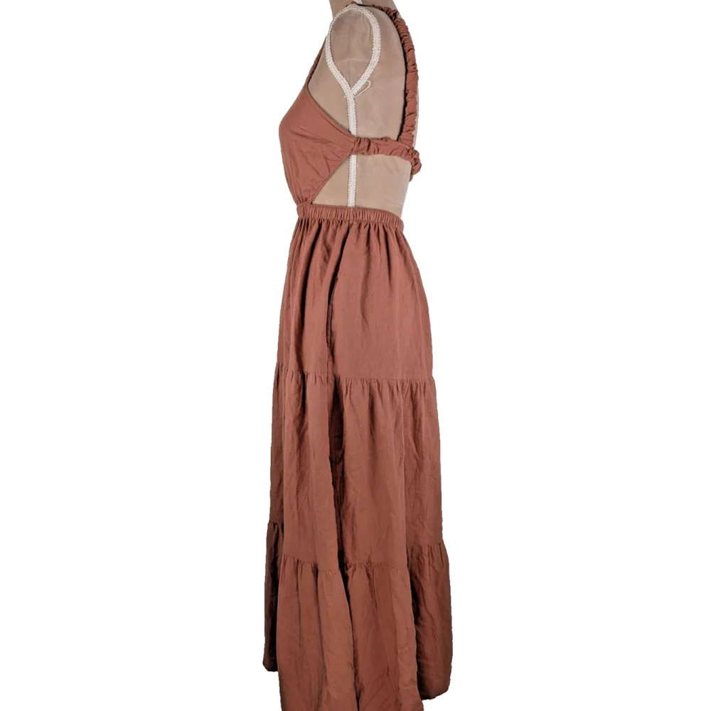 Abercrombie & Fitch Scrunchie Tiered Cutout Waist Maxi Dress Small Rust Orange
